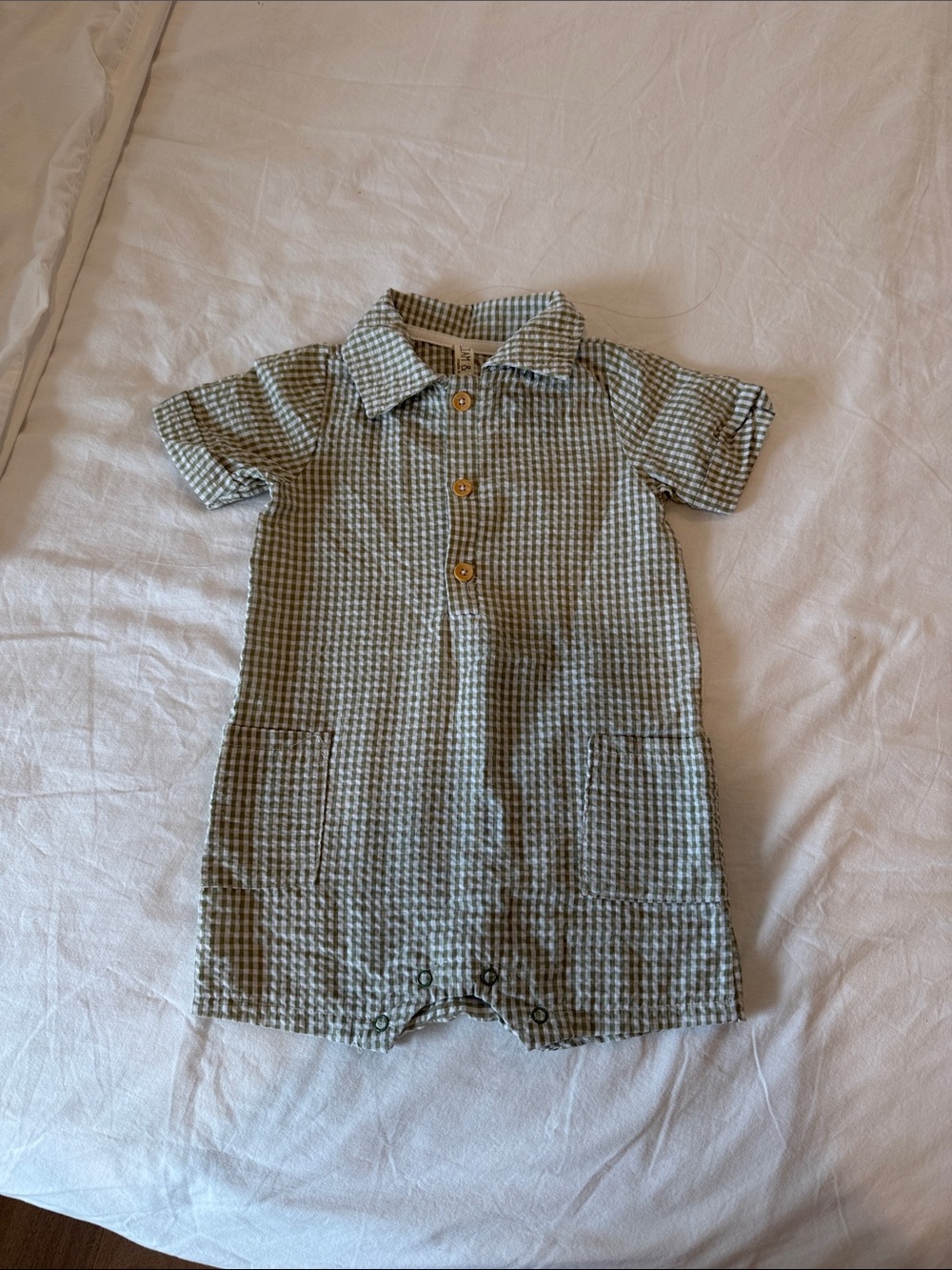 Green Gingham Short-Sleeve Polo Romper for Kids